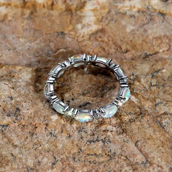 NEW 14k White Gold Opal Ring Band Dainty Eternity Ring Band - Picture 4 of 5